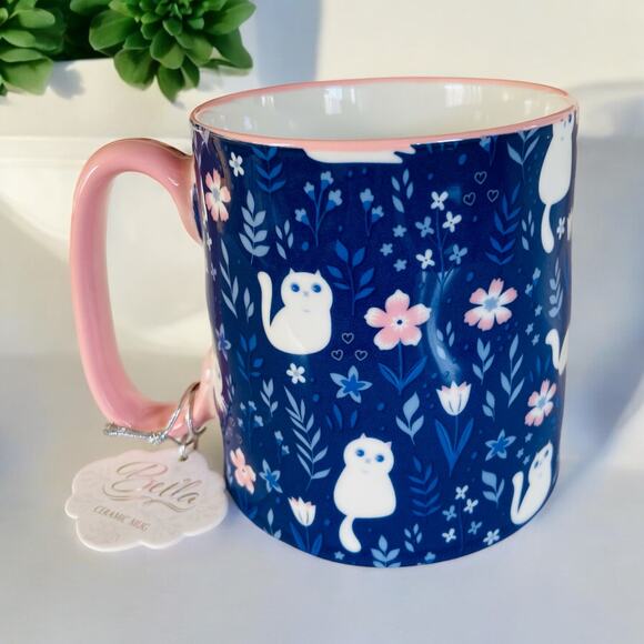 NEW Bella Blue Willow White Cat Cats Ferns & Floral Pink 16oz Coffee Tea Mug - Picture 2 of 2